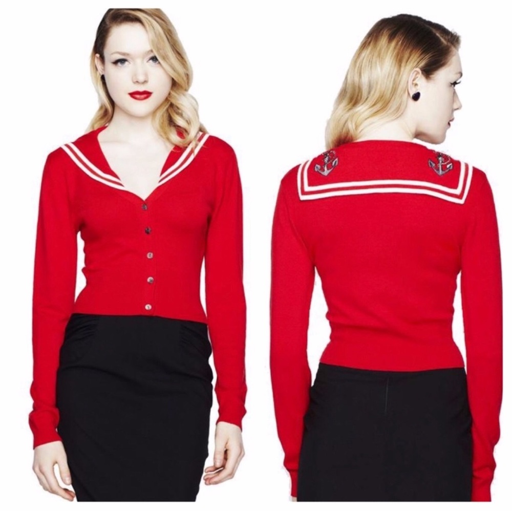 Hell Bunny Landlubber Red Sailor Pinup Cardigan Embroidered Nautical Sweater 2XL